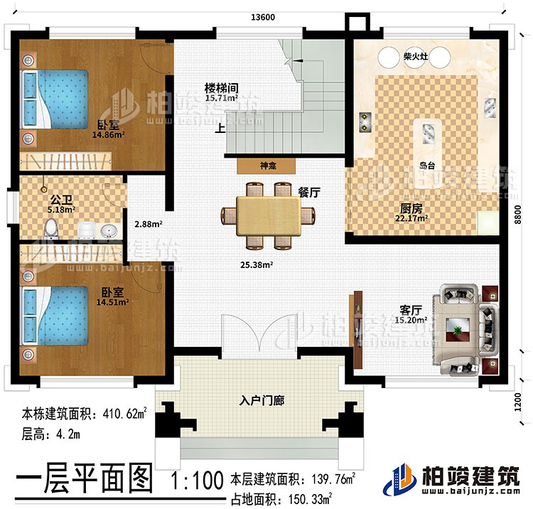 一層：入戶門廊、客廳、餐廳、廚房、神龕、島臺、柴火灶、樓梯間、公衛(wèi)、2臥室