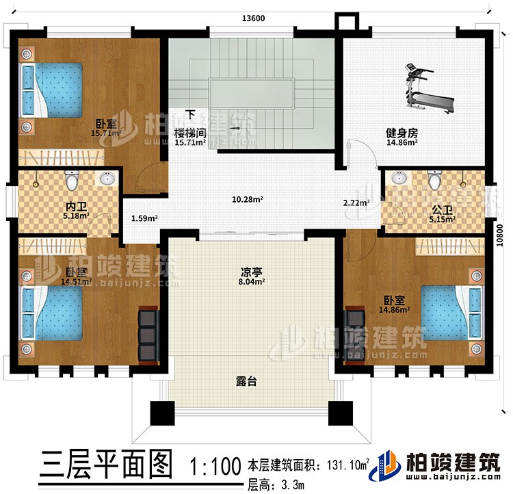 三層：樓梯間、健身房、3臥室、公衛(wèi)、內(nèi)衛(wèi)、涼亭、露臺