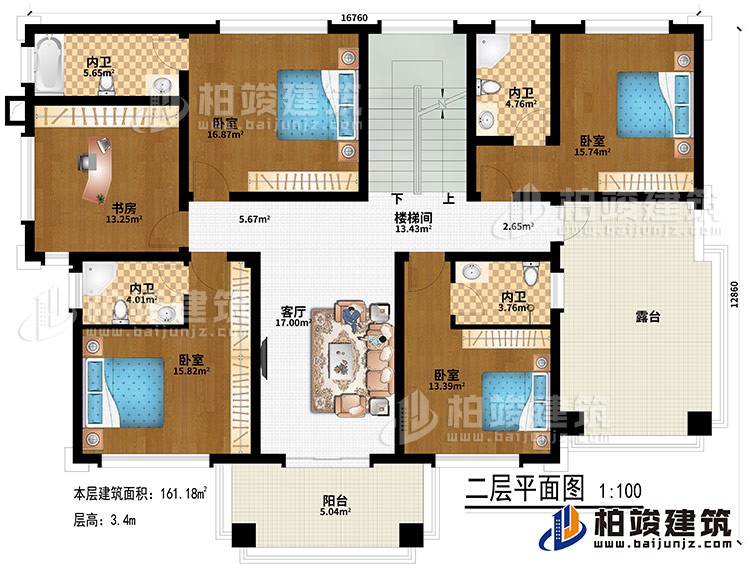 二層：客廳、樓梯間、4臥室、4內(nèi)衛(wèi)、書房、陽(yáng)臺(tái)、露臺(tái)