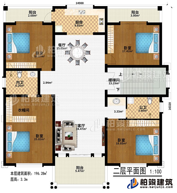 二層：客廳、樓梯間、餐廳、廚房、4臥室、衣帽間、公衛(wèi)、內(nèi)衛(wèi)、3陽臺
