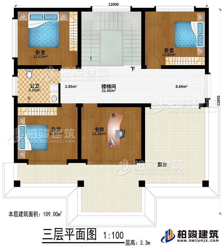 三層：3臥室、樓梯間、書房、公衛(wèi)、露臺(tái)
