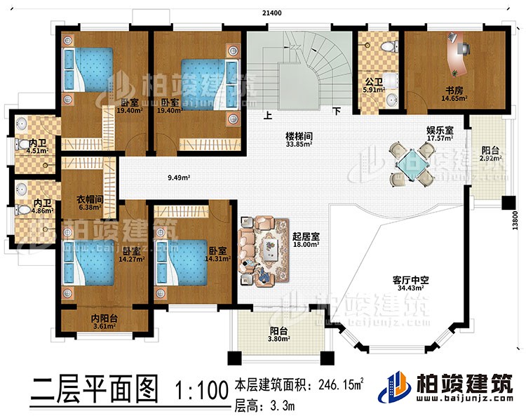二層：起居室、樓梯間、娛樂室、客廳中空、4臥室、書房、衣帽間、2內(nèi)衛(wèi)、公衛(wèi)、2陽臺、內(nèi)陽臺