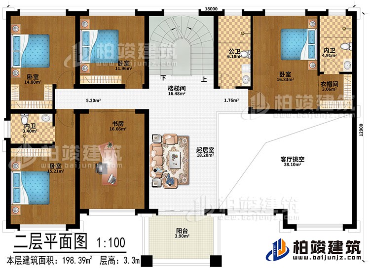 二層：起居室、客廳挑空、4臥室、書房、樓梯間、衣帽間、公衛(wèi)、2內(nèi)衛(wèi)