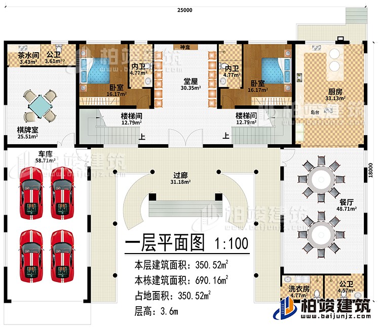 一層：過廊、堂屋、神龕、2樓梯間、廚房、餐廳、棋牌室、車庫、茶水間、2公衛(wèi)、洗衣房、2臥室、2內(nèi)衛(wèi)