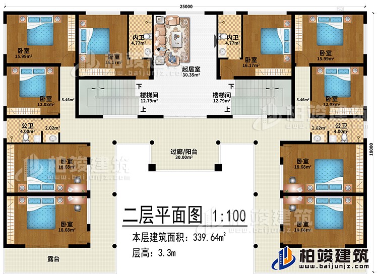 二層：起居室、2樓梯間、過廊/陽臺(tái)、10臥室、2內(nèi)衛(wèi)、2公衛(wèi)、2露臺(tái)
