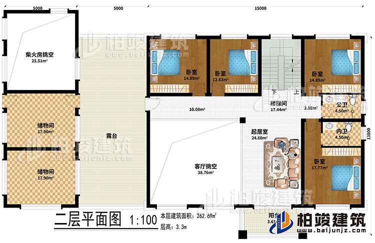 二層：起居室、樓梯間、2儲物間、客廳挑空、柴火房挑空、4臥室、公衛(wèi)、內(nèi)衛(wèi)、露臺、陽臺