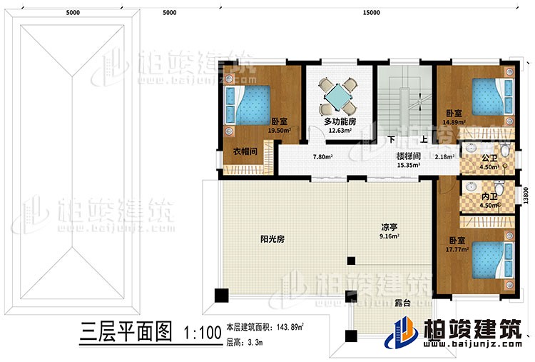 三層：樓梯間、3臥室、多功能房、衣帽間、公衛(wèi)、內(nèi)衛(wèi)、涼亭、陽光房、露臺