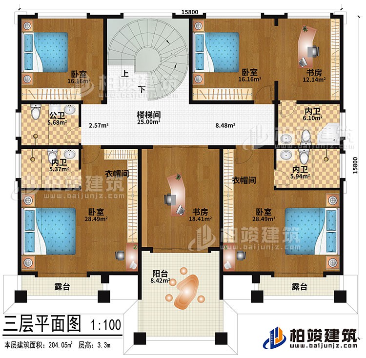 三層：樓梯間、4臥室、2衣帽間、2書房、公衛(wèi)、3內(nèi)衛(wèi)、2露臺(tái)、陽(yáng)臺(tái)
