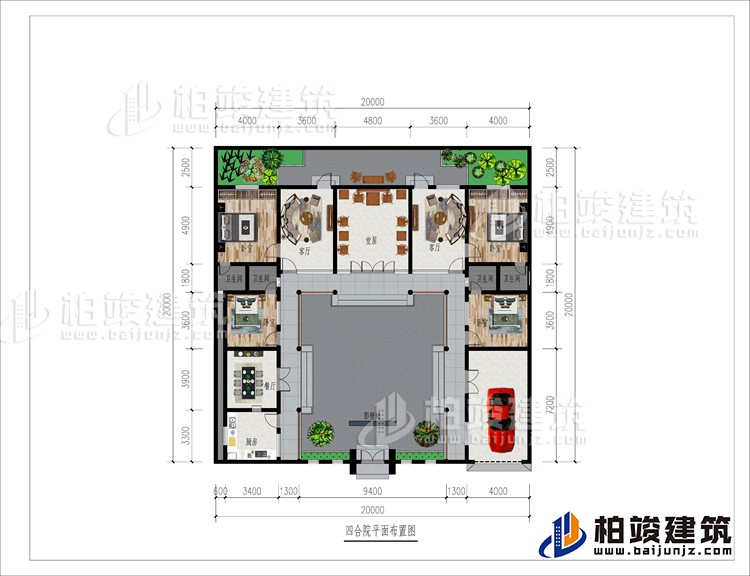 一層：影壁墻、車庫、廚房、餐廳、4臥室、4內(nèi)衛(wèi)、2客廳、堂屋、后花園