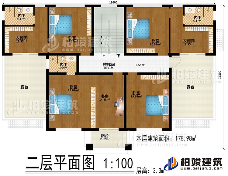 二層：樓梯間、4臥室、書房、2衣帽間、3內(nèi)衛(wèi)、2露臺(tái)、陽(yáng)臺(tái)