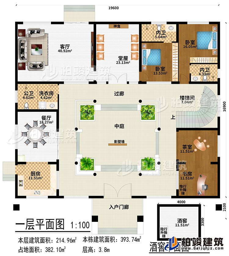 一層：入戶門廊、廚房、餐廳、客廳、堂屋、神龕、茶室、書房、2臥室、洗衣房、公衛(wèi)、2內(nèi)衛(wèi)、隱行升降梯、酒窖、中庭、過廊、樓梯間