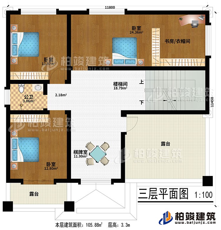 三層：棋牌室、樓梯間、3臥室、書房/衣帽間、公衛(wèi)、2露臺