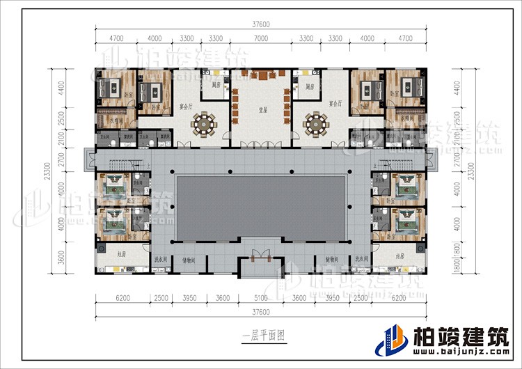 一層：2儲物間、2洗衣間、2灶房、8臥室、2衣帽間、2公衛(wèi)、6內(nèi)衛(wèi)、2廚房、2宴會廳、堂屋