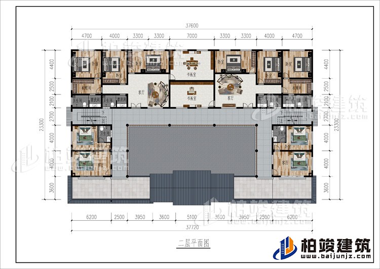 二層：2客廳、2書畫室、公衛(wèi)、10臥室、2衣帽間、4內(nèi)衛(wèi)、2露臺