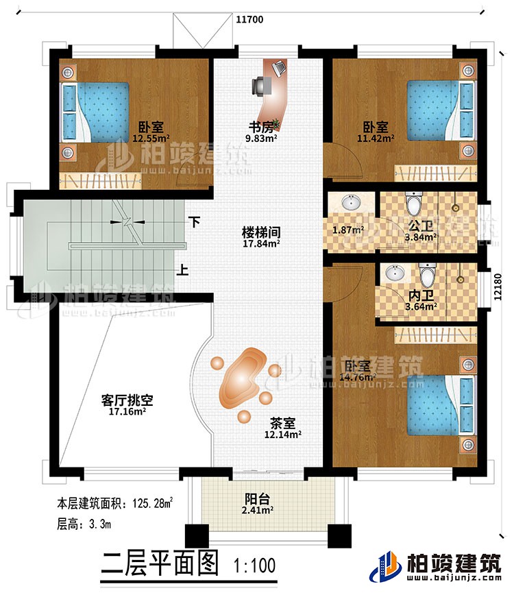 二層：樓梯間、書房、茶室、客廳挑空、3臥室、公衛(wèi)、內衛(wèi)、陽臺