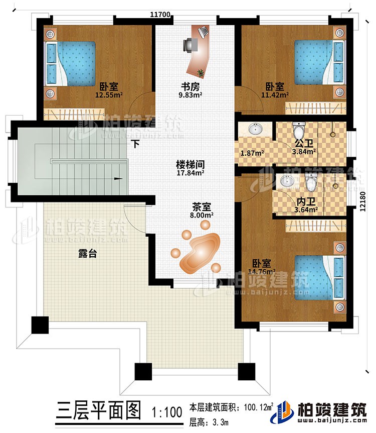 三層：樓梯間、書房、茶室、3臥室、公衛(wèi)、內衛(wèi)、露臺