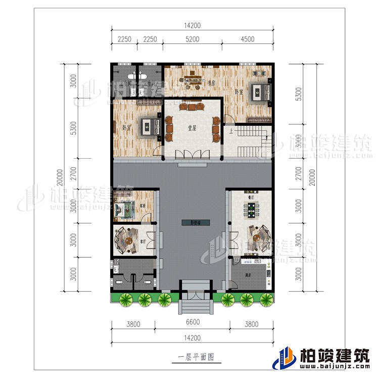 一層：廚房、2客廳、餐廳、公衛(wèi)、3臥室、影壁墻、堂屋、書房、2內衛(wèi)