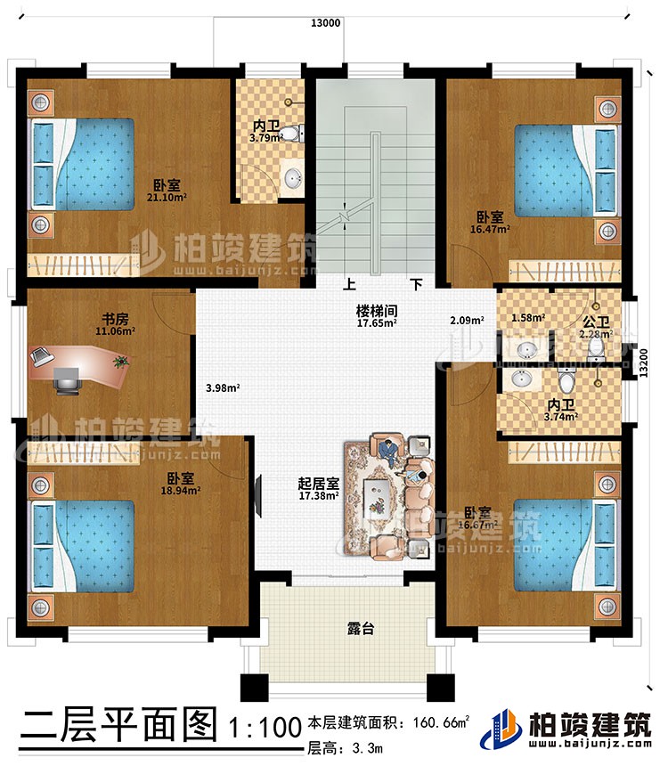 二層：起居室、樓梯間、4臥室、書房、公衛(wèi)、內(nèi)衛(wèi)、露臺