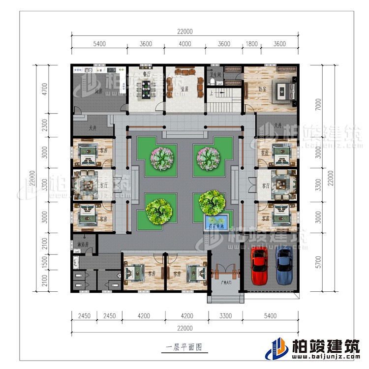 一層：廣亮大門、車庫、書房、公衛(wèi)、7臥室、2客廳、餐廳、廚房、堂屋、2天井、內(nèi)衛(wèi)、荷花魚池