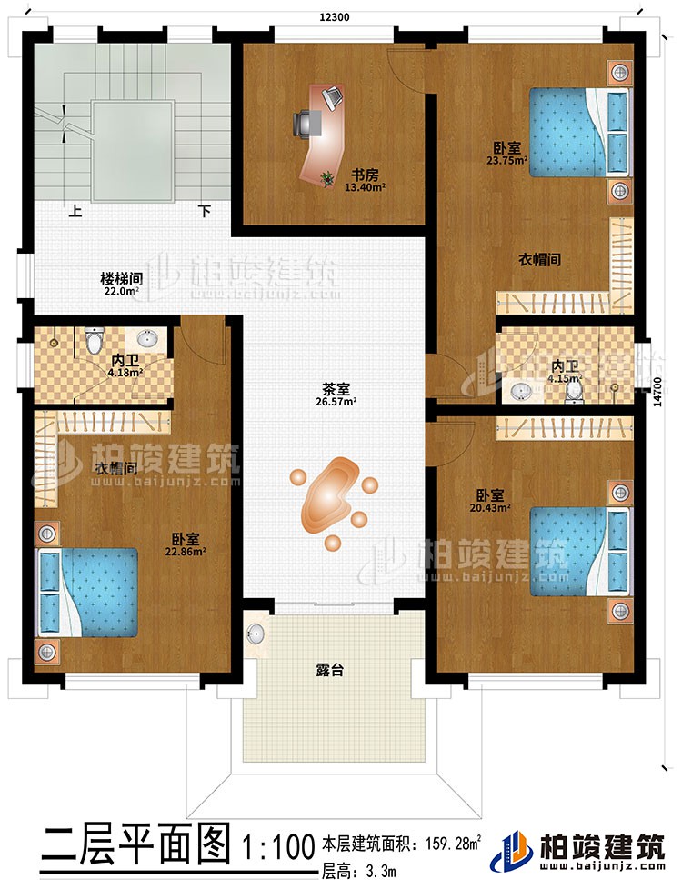 二層：3臥室、2衣帽間、2內(nèi)衛(wèi)、樓梯間、茶室、露臺(tái)、書房