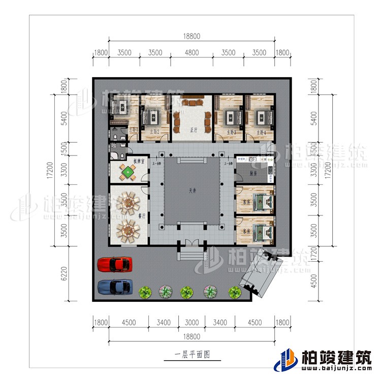 一層：車(chē)庫(kù)、餐廳、棋牌室、廚房、正廳、6臥室、公衛(wèi)、內(nèi)衛(wèi)