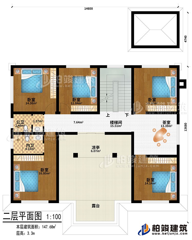 二層：樓梯間、茶室、涼亭、5臥室、公衛(wèi)、內(nèi)衛(wèi)、露臺(tái)