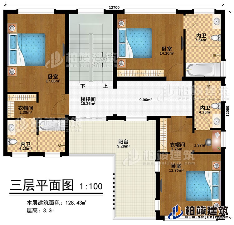 三層：樓梯間、3臥室、2衣帽間、3內衛(wèi)、陽臺