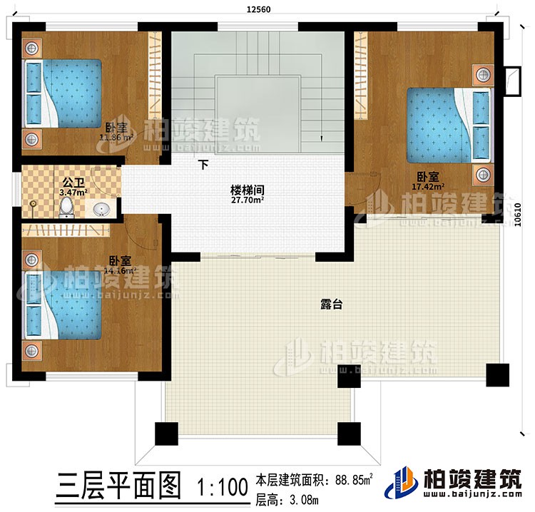 三層：樓梯間、3臥室、露臺(tái)、公衛(wèi)