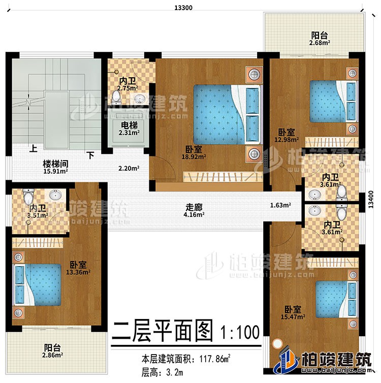 二層：走廊、4臥室、4內(nèi)衛(wèi)、2陽臺、樓梯間、電梯