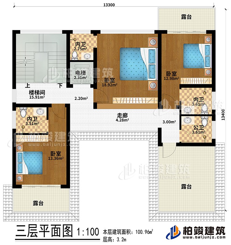 三層：走廊、3臥室、3內(nèi)衛(wèi)、3露臺、樓梯間、電梯、公衛(wèi)