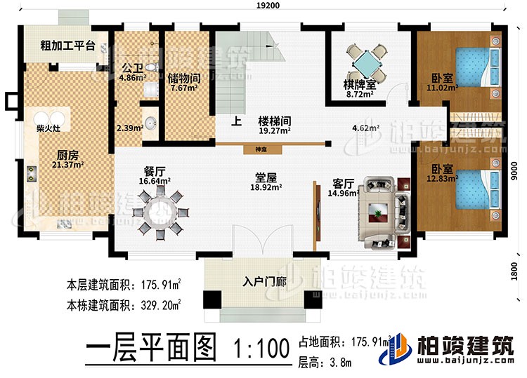 一層：入戶門廊、堂屋、神龕、客廳、餐廳、廚房、柴火灶、粗加工平臺、儲物間、樓梯間、棋牌室、2臥室、公衛(wèi)