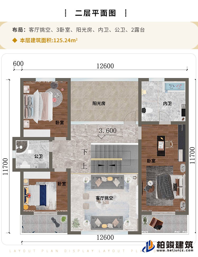 二層：客廳挑空、3臥室、陽光房、內(nèi)衛(wèi)、公衛(wèi)、2露臺