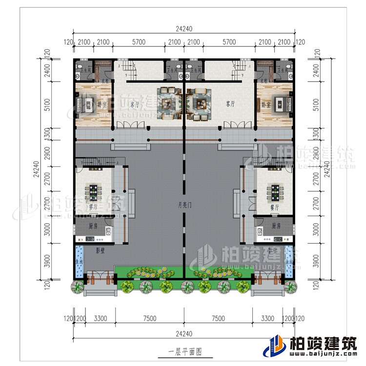 一層：月亮門(mén)、2廚房、2影壁、2餐廳、2客廳、2臥室、2衣柜、2內(nèi)衛(wèi)、2魚(yú)池
