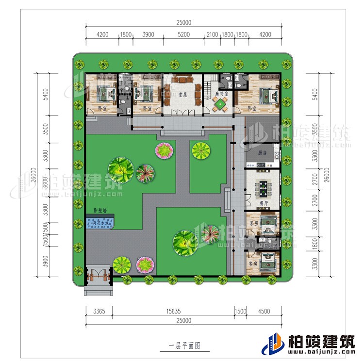 一層：影壁墻、花園、堂屋、廚房、餐廳、5臥室、2公衛(wèi)、2內衛(wèi)、麻將室