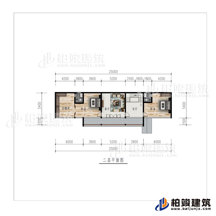 二層：過廳、客廳、衣帽間、2臥室