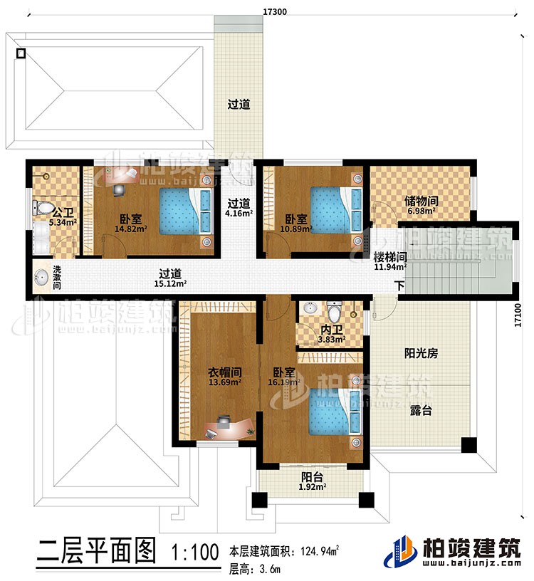 二層：3過道、樓梯間、儲物間、3臥室、衣帽間、公衛(wèi)、內(nèi)衛(wèi)、洗漱間、陽光房、陽臺、露臺