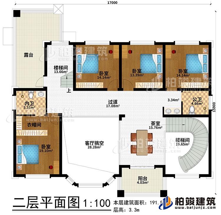 二層：2樓梯間、過道、茶室、4臥室、衣帽間、公衛(wèi)、內(nèi)衛(wèi)、客廳挑空、露臺(tái)、陽臺(tái)