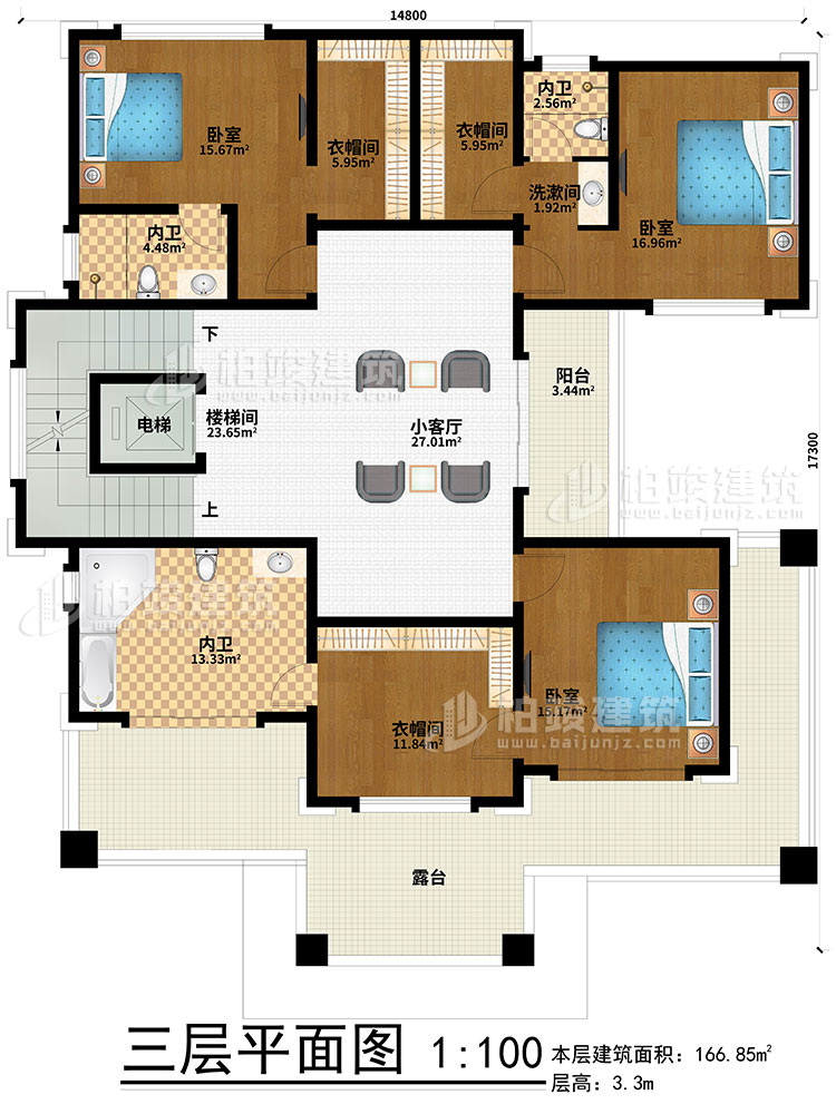 三層：小客廳、樓梯間、電梯、3臥室、3衣帽間、3內(nèi)衛(wèi)、陽(yáng)臺(tái)、露臺(tái)