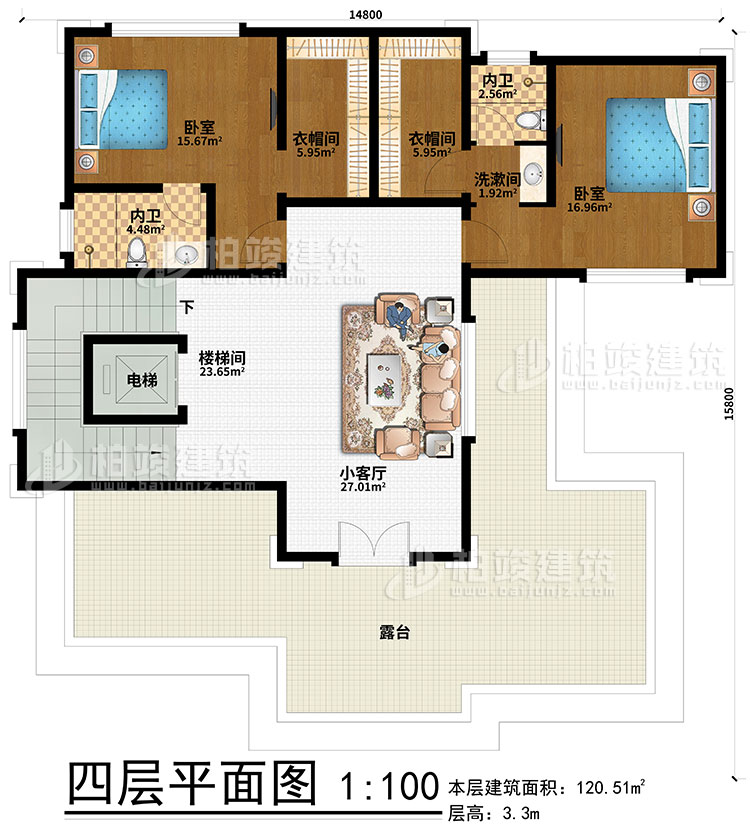 四層：2臥室、2衣帽間、2內(nèi)衛(wèi)、樓梯間、電梯、小客廳、露臺(tái)