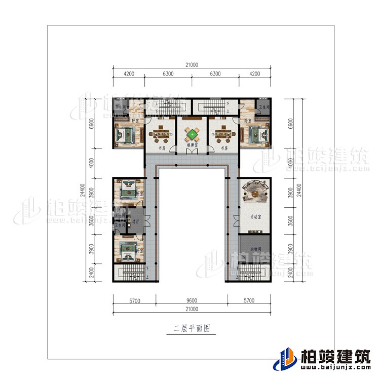 二層：棋牌室、2書房、活動(dòng)室、雜物間、4臥室、4內(nèi)衛(wèi)、過廊