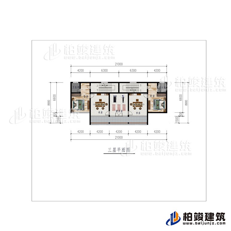 三層：2臥室、健身房、2書房、2內(nèi)衛(wèi)