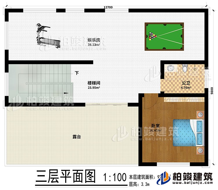 三層：娛樂室、樓梯間、公衛(wèi)、臥室、露臺