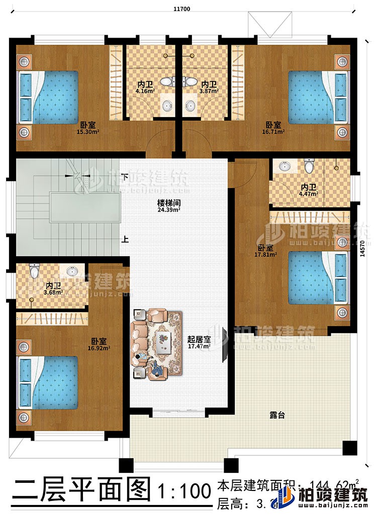 二層：起居室、樓梯間、4臥室、4內(nèi)衛(wèi)、露臺(tái)