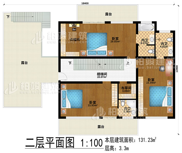 二層：樓梯間、3臥室、衣帽間、布草間、3內(nèi)衛(wèi)、3露臺(tái)