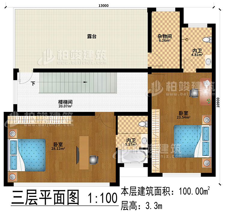 三層：2臥室、樓梯間、露臺(tái)、2內(nèi)衛(wèi)、雜物間