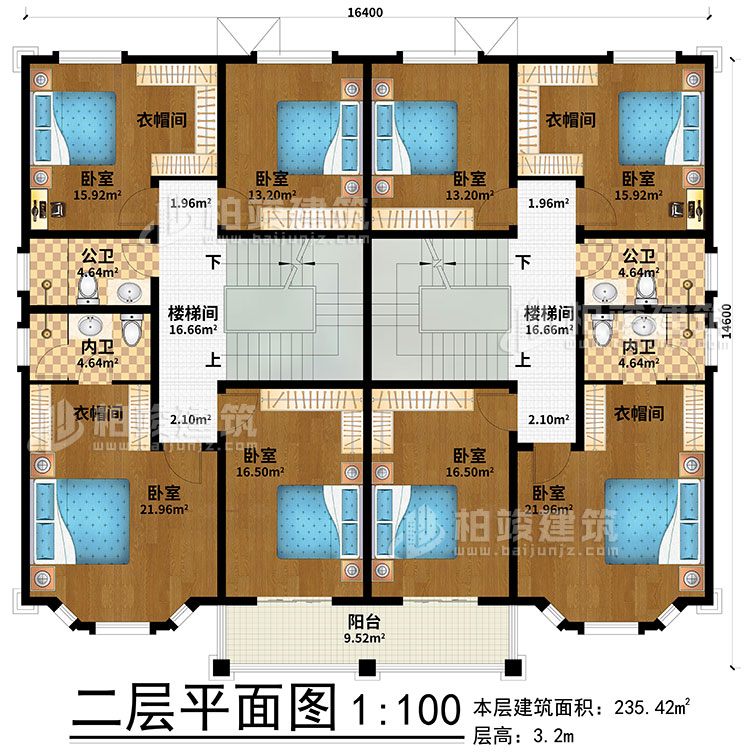 二層：2樓梯間、8臥室、4衣帽間、2公衛(wèi)、2內(nèi)衛(wèi)、陽臺