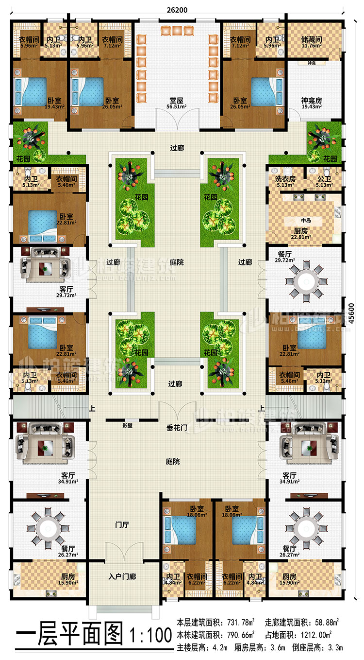 一層：入戶門廊、門廳、3餐廳、3廚房、3客廳、堂屋、神龕、神龕房、儲物間、6花園、4過廊、2庭院、影壁、垂花門、中島、洗衣房、公衛(wèi)、8臥室、8衣帽間、8內(nèi)衛(wèi)