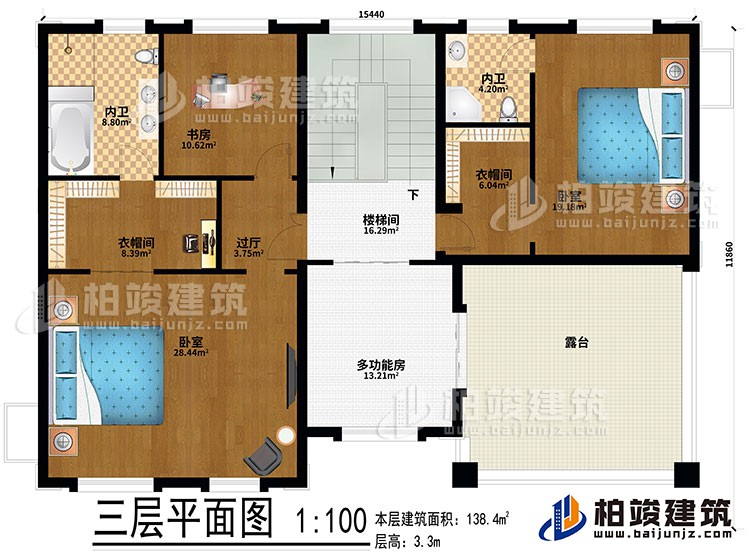 三層：2臥室、2衣帽間、過廳、書房、2內(nèi)衛(wèi)、多功能房、樓梯間、露臺