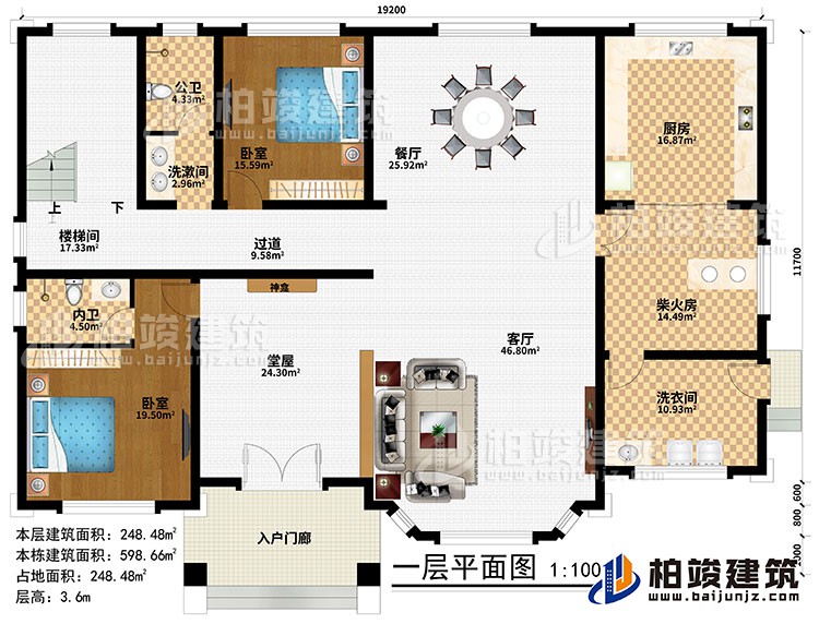 一層：入戶門廊、堂屋、神龕、客廳、餐廳、廚房、柴火房、2臥室、洗漱間、洗衣間、公衛(wèi)、內(nèi)衛(wèi)、過道、樓梯間