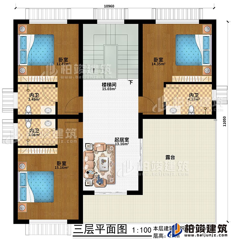 三層：起居室、樓梯間、3臥室、3內(nèi)衛(wèi)、露臺